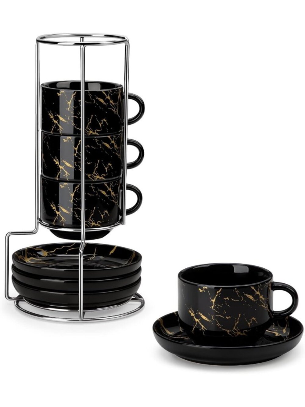 Stackable 4 oz Porcelain Espresso Cups with Saucers & Metal Stand - Marble Black